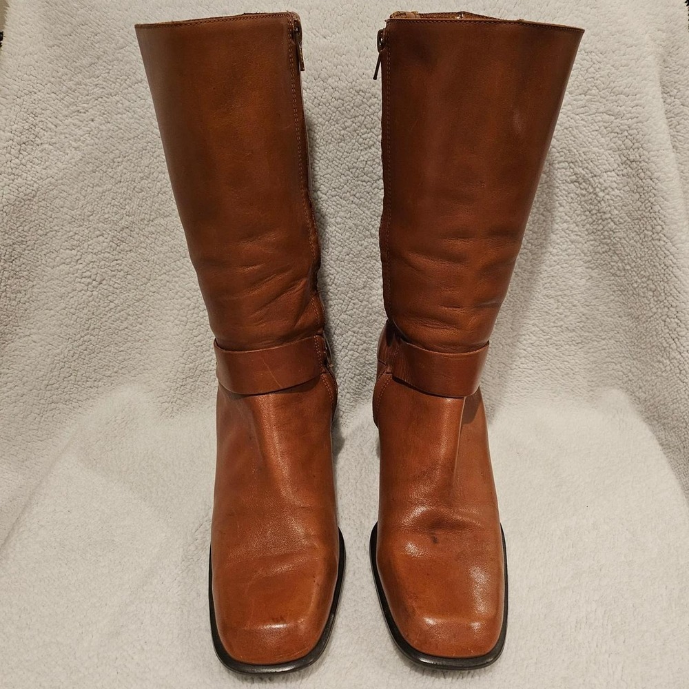 Antonio Melani Toffee Brown leather boots with square toe and buckle design,